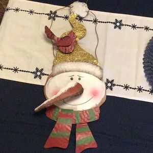 Metal Art 3D Snowman with Cardinal wall hanging